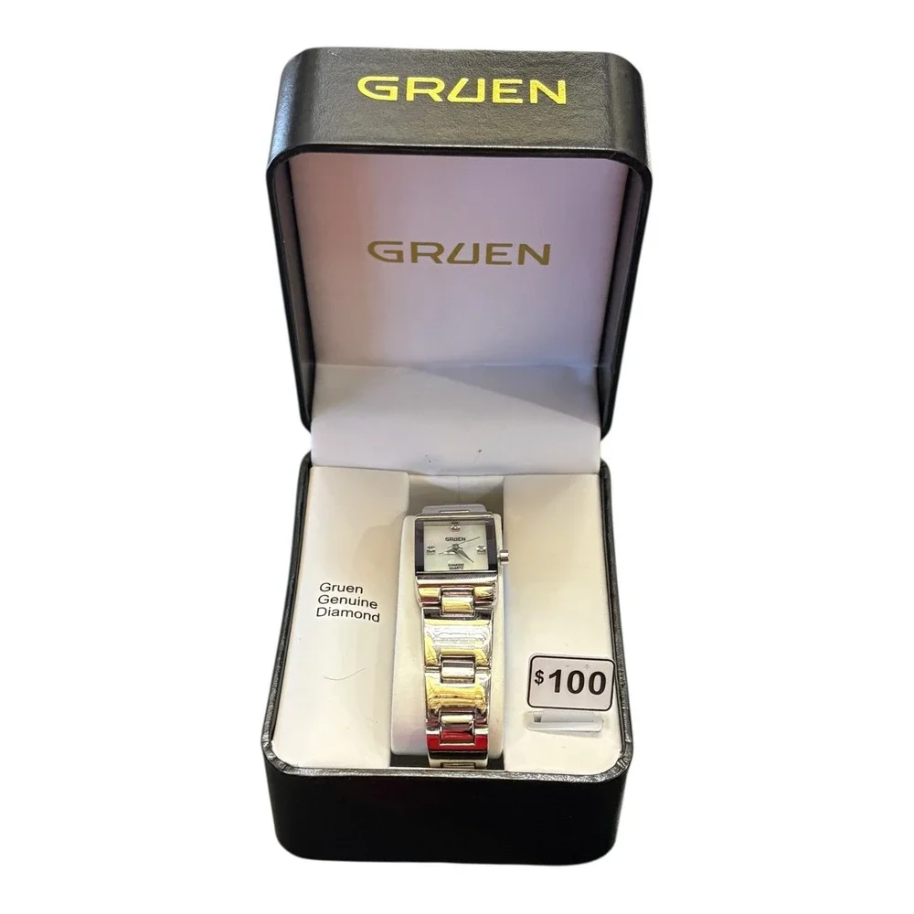 Gruen Genuine Diamond Watch Silvertone Mother of Pearl Face New in Box